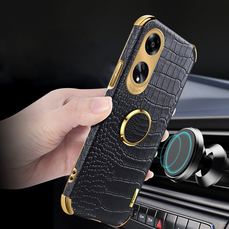Ring Kickstand Phone Case for Oppo A1 5G Crocodile Texture Leather Coated TPU 6D Electroplating Cover