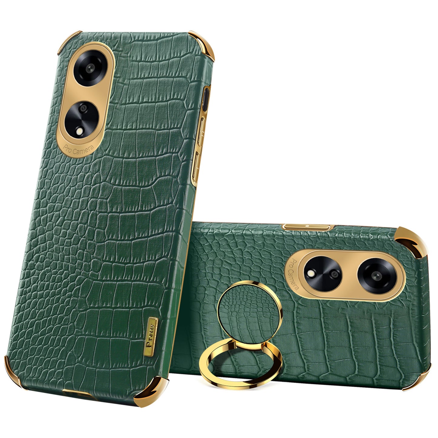 Ring Kickstand Phone Case for Oppo A1 5G Crocodile Texture Leather Coated TPU 6D Electroplating Cover
