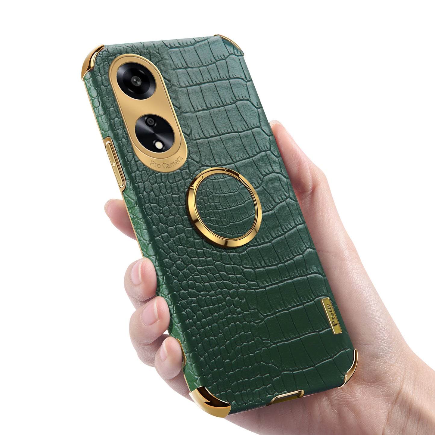Ring Kickstand Phone Case for Oppo A1 5G Crocodile Texture Leather Coated TPU 6D Electroplating Cover