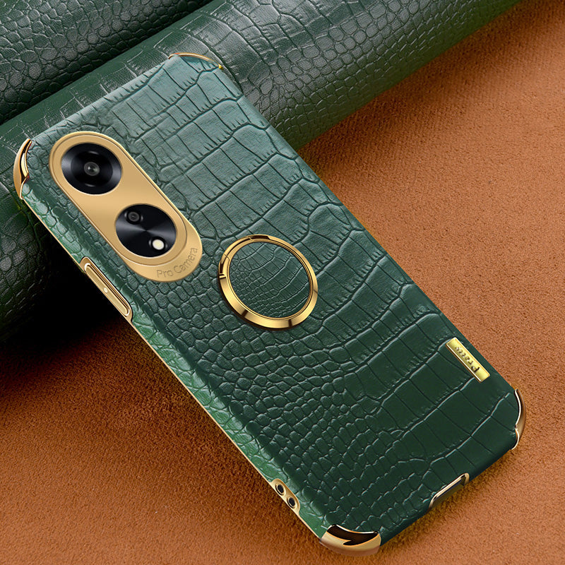 Ring Kickstand Phone Case for Oppo A1 5G Crocodile Texture Leather Coated TPU 6D Electroplating Cover