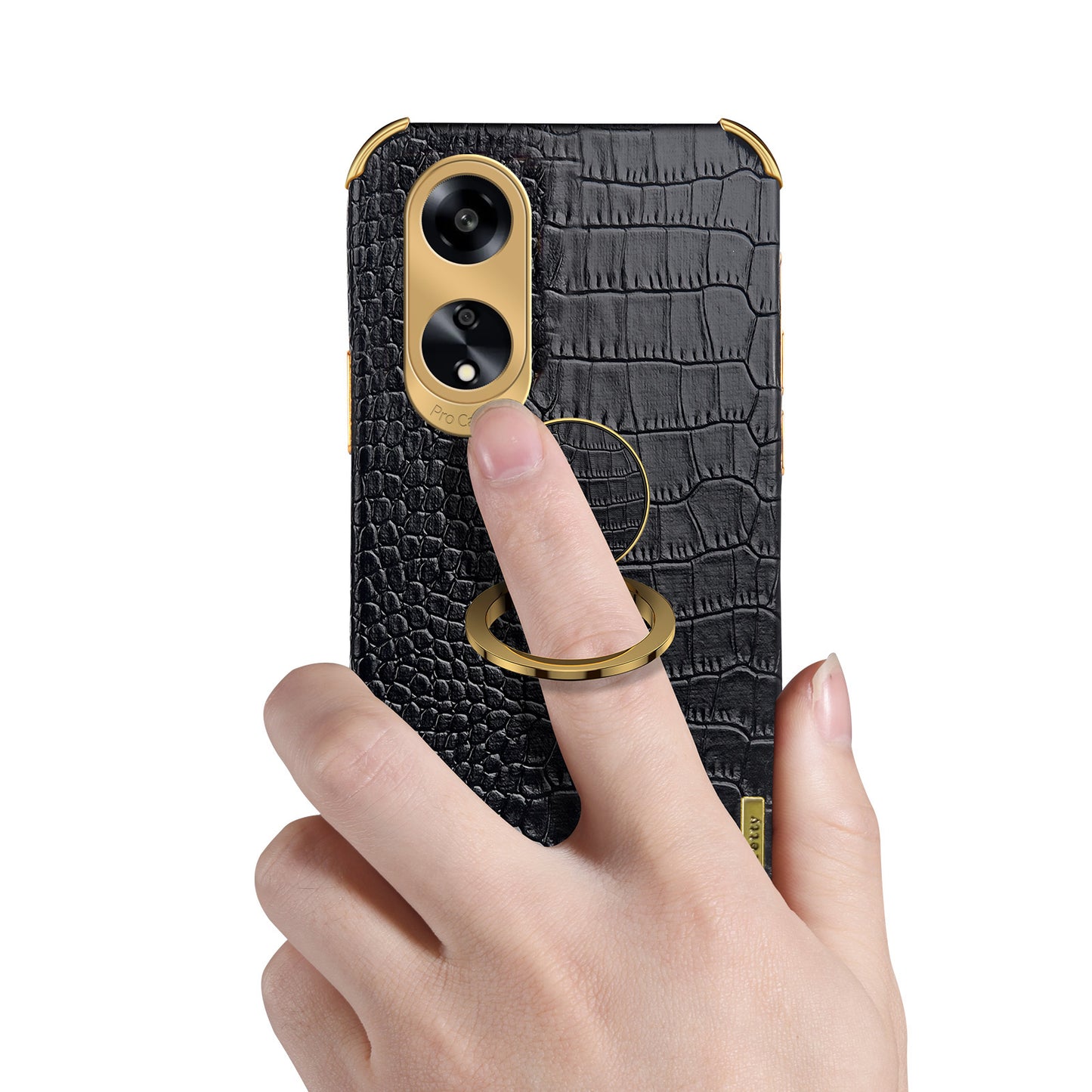 Ring Kickstand Phone Case for Oppo A1 5G Crocodile Texture Leather Coated TPU 6D Electroplating Cover