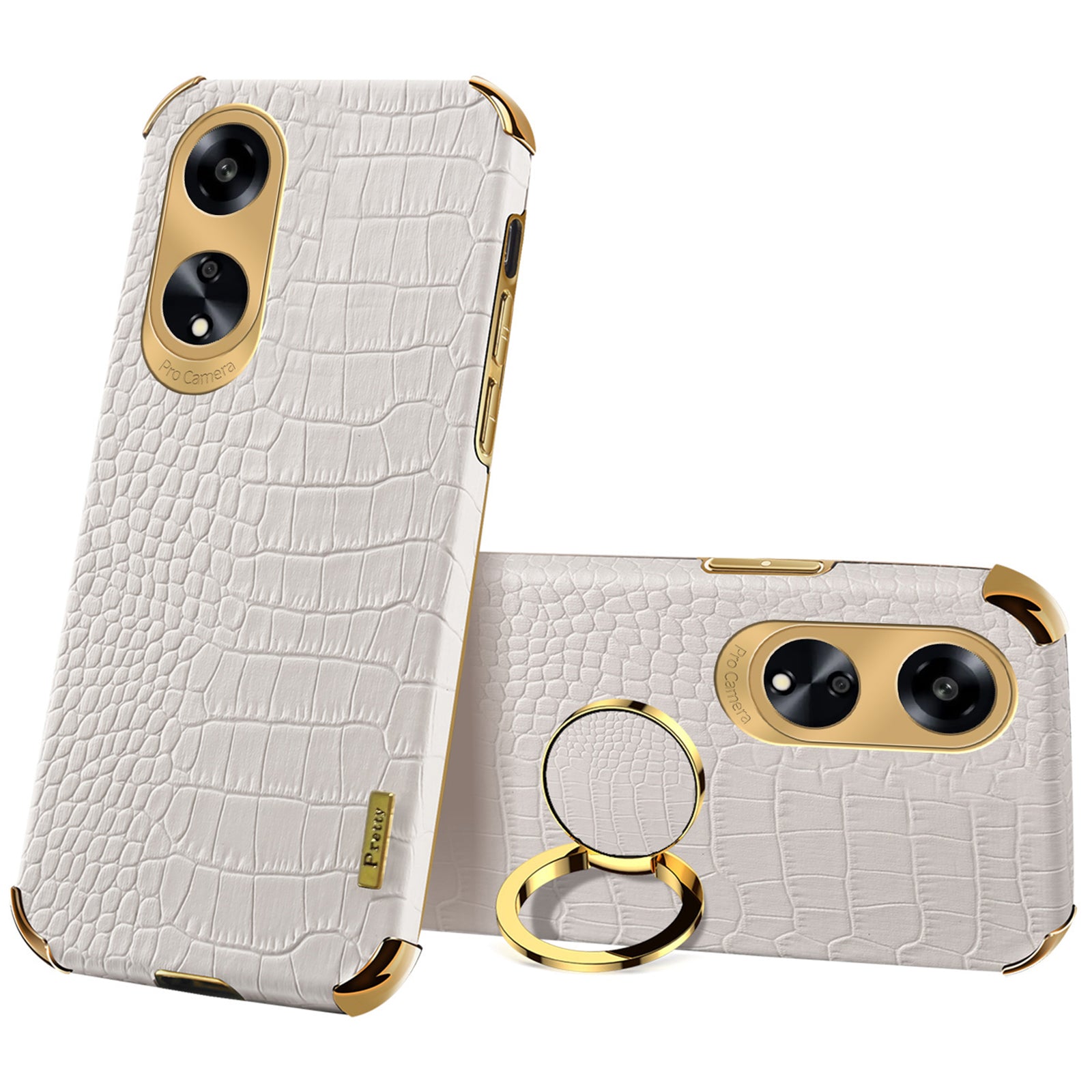 Ring Kickstand Phone Case for Oppo A1 5G Crocodile Texture Leather Coated TPU 6D Electroplating Cover