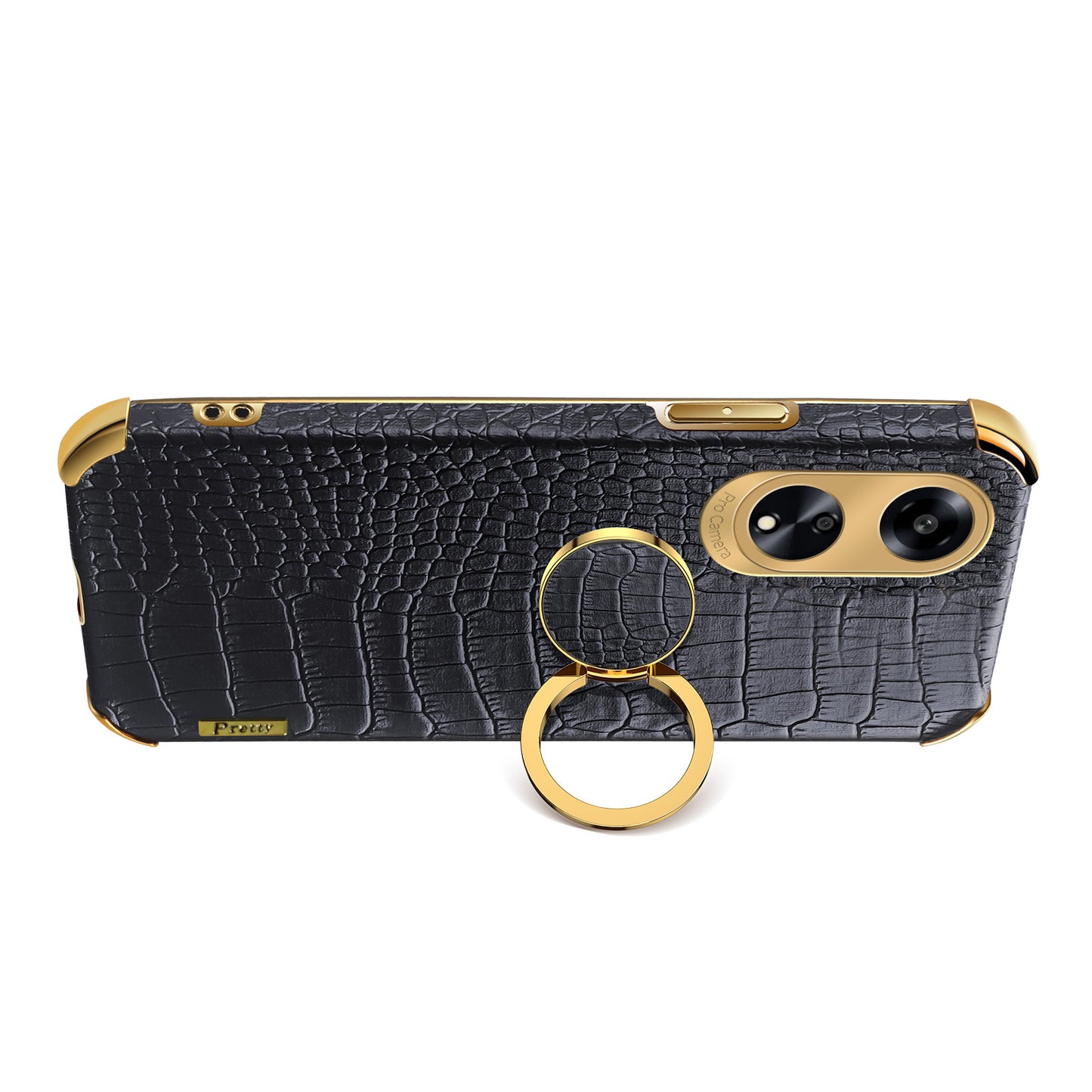 Ring Kickstand Phone Case for Oppo A1 5G Crocodile Texture Leather Coated TPU 6D Electroplating Cover