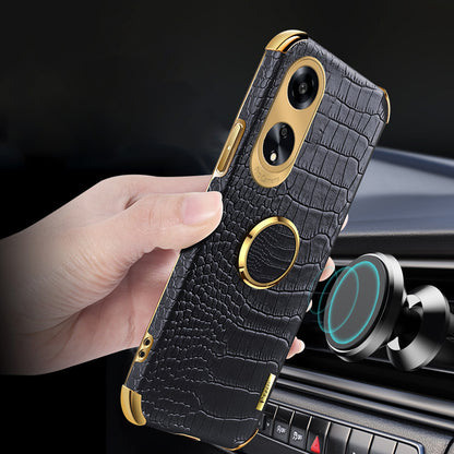 Ring Kickstand Phone Case for Oppo A1 5G Crocodile Texture Leather Coated TPU 6D Electroplating Cover