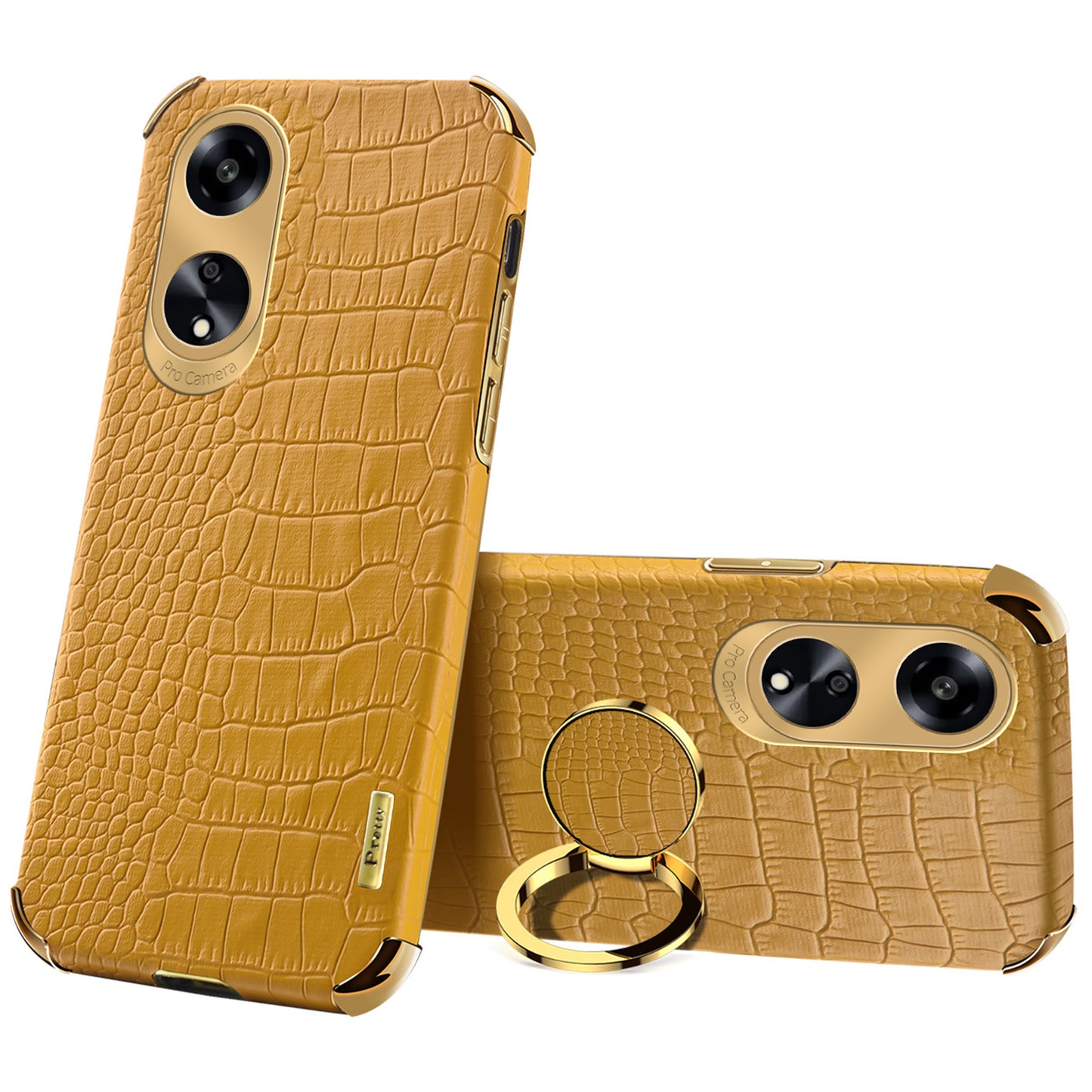 Ring Kickstand Phone Case for Oppo A1 5G Crocodile Texture Leather Coated TPU 6D Electroplating Cover