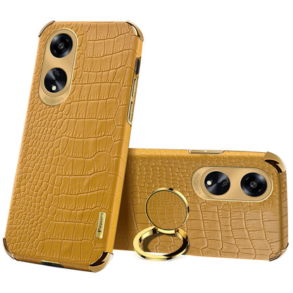 Ring Kickstand Phone Case for Oppo A1 5G Crocodile Texture Leather Coated TPU 6D Electroplating Cover