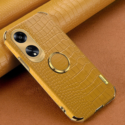 Ring Kickstand Phone Case for Oppo A1 5G Crocodile Texture Leather Coated TPU 6D Electroplating Cover