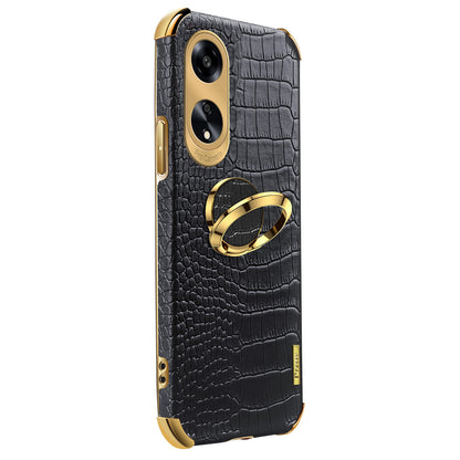 Ring Kickstand Phone Case for Oppo A1 5G Crocodile Texture Leather Coated TPU 6D Electroplating Cover