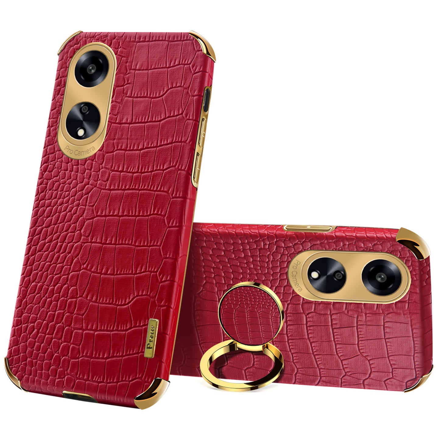 Ring Kickstand Phone Case for Oppo A1 5G Crocodile Texture Leather Coated TPU 6D Electroplating Cover