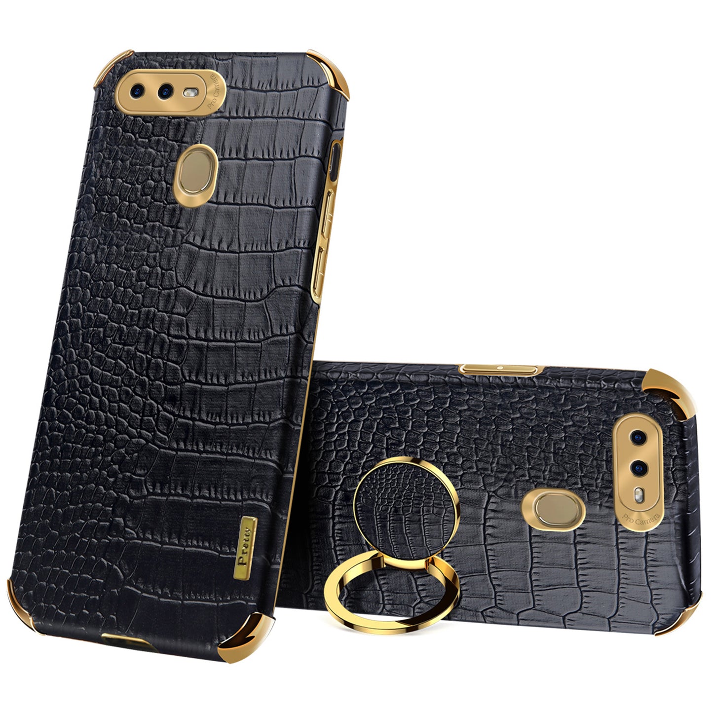 For Oppo A7 Crocodile Texture Kickstand Phone Case 6D Electroplated PU Leather + TPU Anti-drop Cover