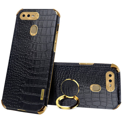 For Oppo A7 Crocodile Texture Kickstand Phone Case 6D Electroplated PU Leather + TPU Anti-drop Cover
