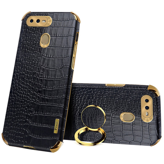 For Oppo A7 Crocodile Texture Kickstand Phone Case 6D Electroplated PU Leather + TPU Anti-drop Cover