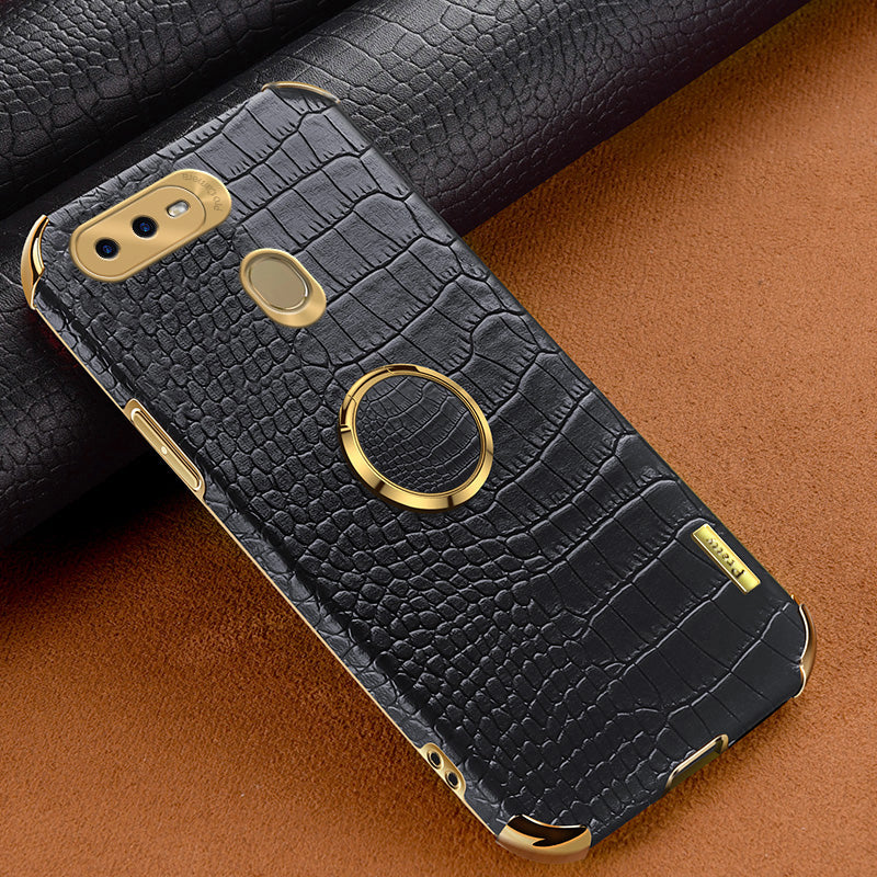 For Oppo A7 Crocodile Texture Kickstand Phone Case 6D Electroplated PU Leather + TPU Anti-drop Cover
