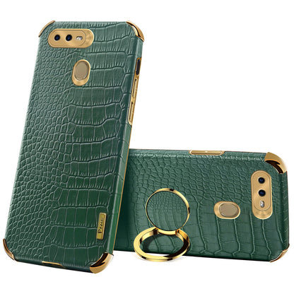 For Oppo A7 Crocodile Texture Kickstand Phone Case 6D Electroplated PU Leather + TPU Anti-drop Cover