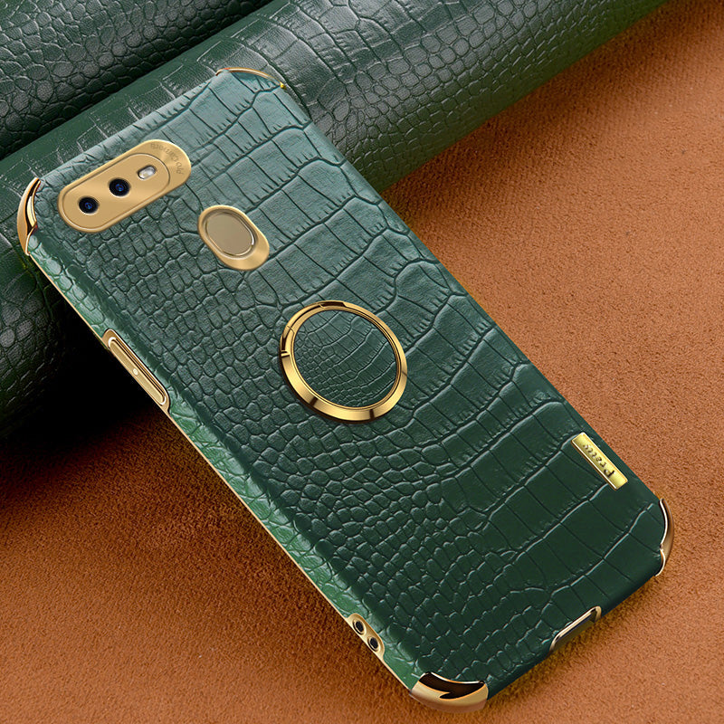 For Oppo A7 Crocodile Texture Kickstand Phone Case 6D Electroplated PU Leather + TPU Anti-drop Cover