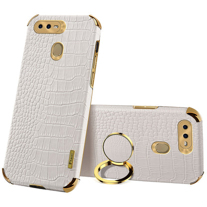 For Oppo A7 Crocodile Texture Kickstand Phone Case 6D Electroplated PU Leather + TPU Anti-drop Cover