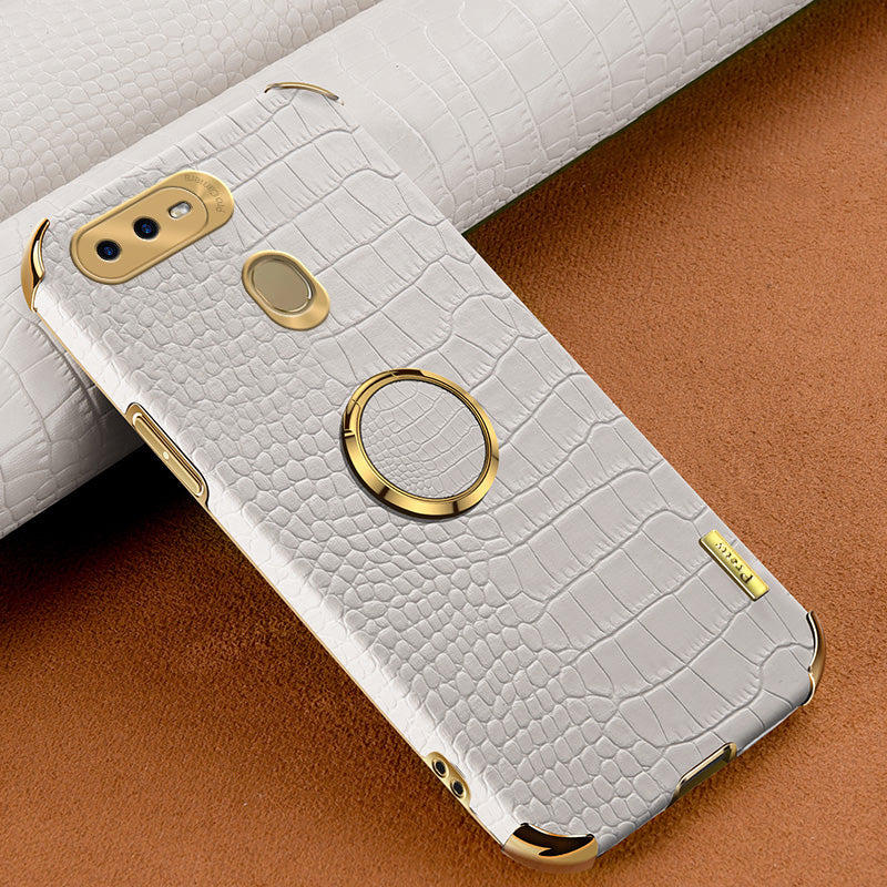 For Oppo A7 Crocodile Texture Kickstand Phone Case 6D Electroplated PU Leather + TPU Anti-drop Cover