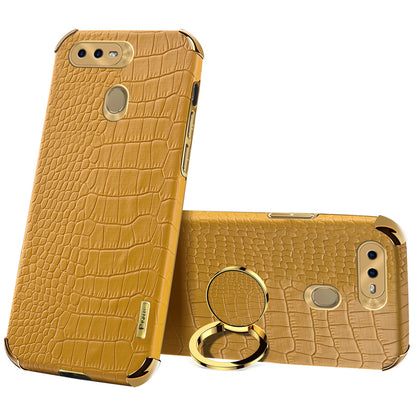For Oppo A7 Crocodile Texture Kickstand Phone Case 6D Electroplated PU Leather + TPU Anti-drop Cover
