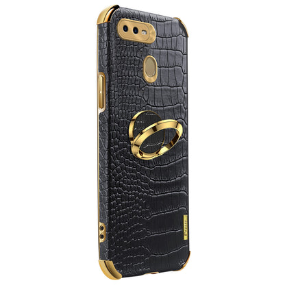 For Oppo A7 Crocodile Texture Kickstand Phone Case 6D Electroplated PU Leather + TPU Anti-drop Cover
