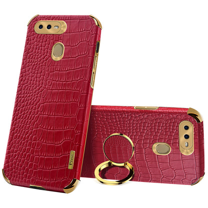 For Oppo A7 Crocodile Texture Kickstand Phone Case 6D Electroplated PU Leather + TPU Anti-drop Cover
