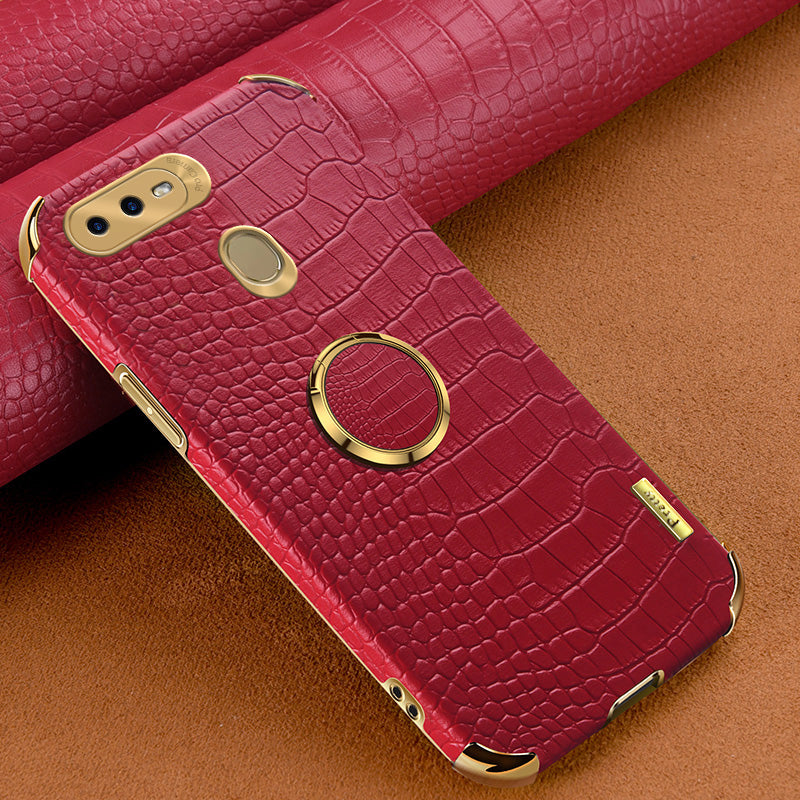 For Oppo A7 Crocodile Texture Kickstand Phone Case 6D Electroplated PU Leather + TPU Anti-drop Cover