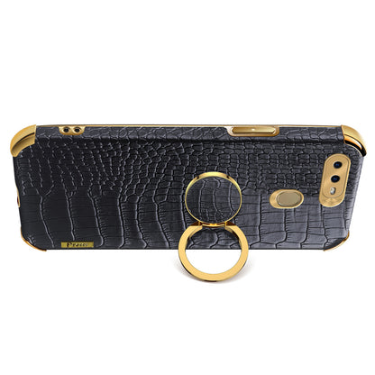 For Oppo A7 Crocodile Texture Kickstand Phone Case 6D Electroplated PU Leather + TPU Anti-drop Cover