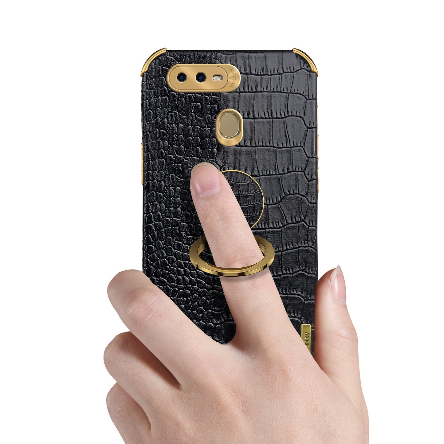 For Oppo A7 Crocodile Texture Kickstand Phone Case 6D Electroplated PU Leather + TPU Anti-drop Cover