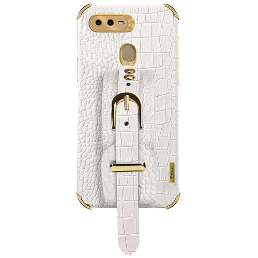 Wristband Kickstand Phone Case for Oppo A7 , Crocodile Texture Electroplating Leather Coated TPU Cover