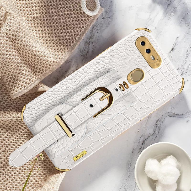 Wristband Kickstand Phone Case for Oppo A7 , Crocodile Texture Electroplating Leather Coated TPU Cover