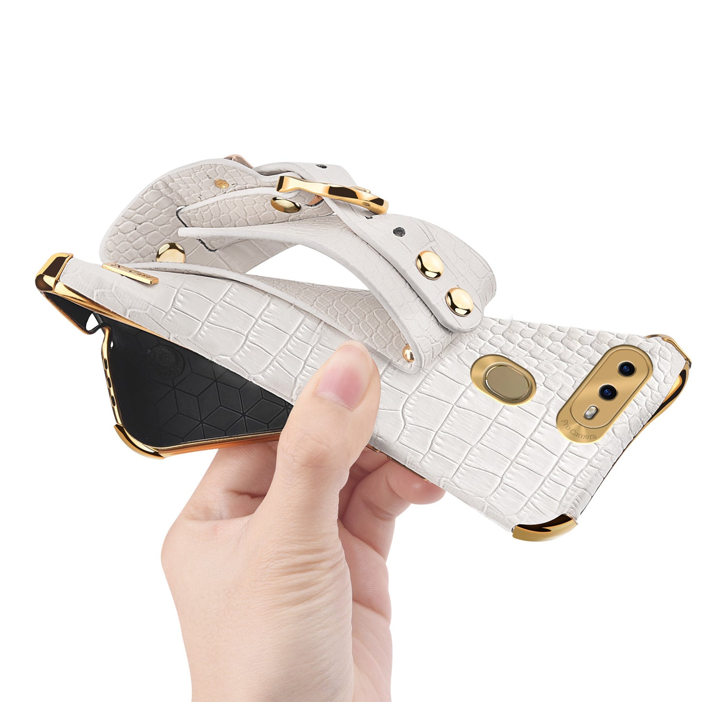 Wristband Kickstand Phone Case for Oppo A7 , Crocodile Texture Electroplating Leather Coated TPU Cover