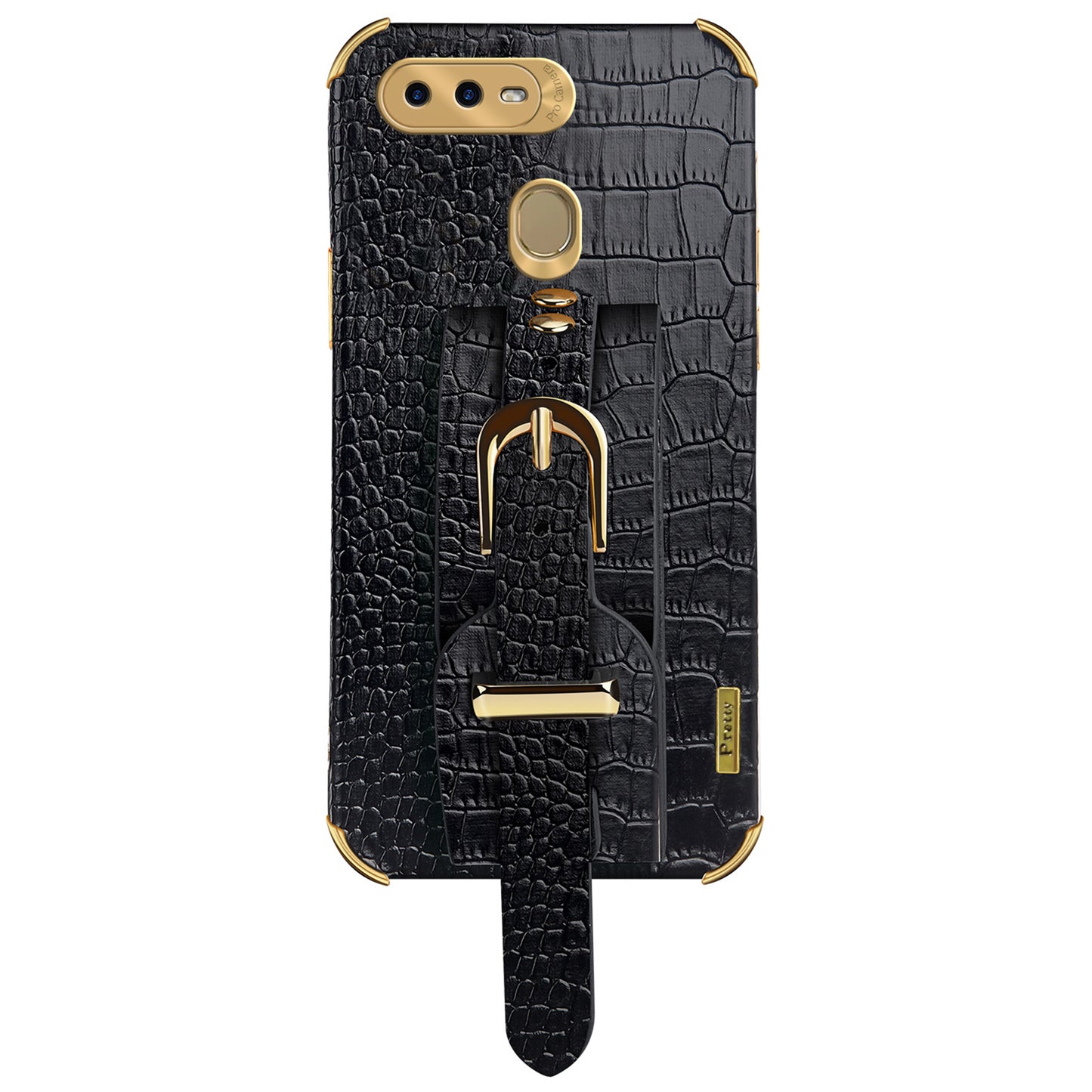 Wristband Kickstand Phone Case for Oppo A7 , Crocodile Texture Electroplating Leather Coated TPU Cover