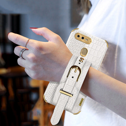 Wristband Kickstand Phone Case for Oppo A7 , Crocodile Texture Electroplating Leather Coated TPU Cover