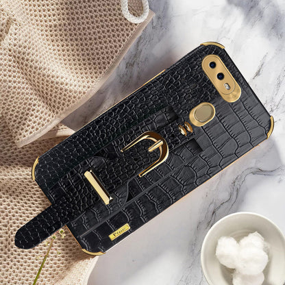 Wristband Kickstand Phone Case for Oppo A7 , Crocodile Texture Electroplating Leather Coated TPU Cover