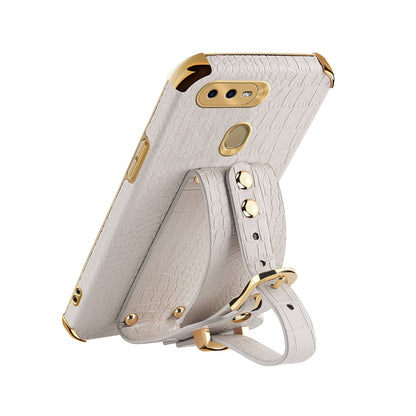 Wristband Kickstand Phone Case for Oppo A7 , Crocodile Texture Electroplating Leather Coated TPU Cover