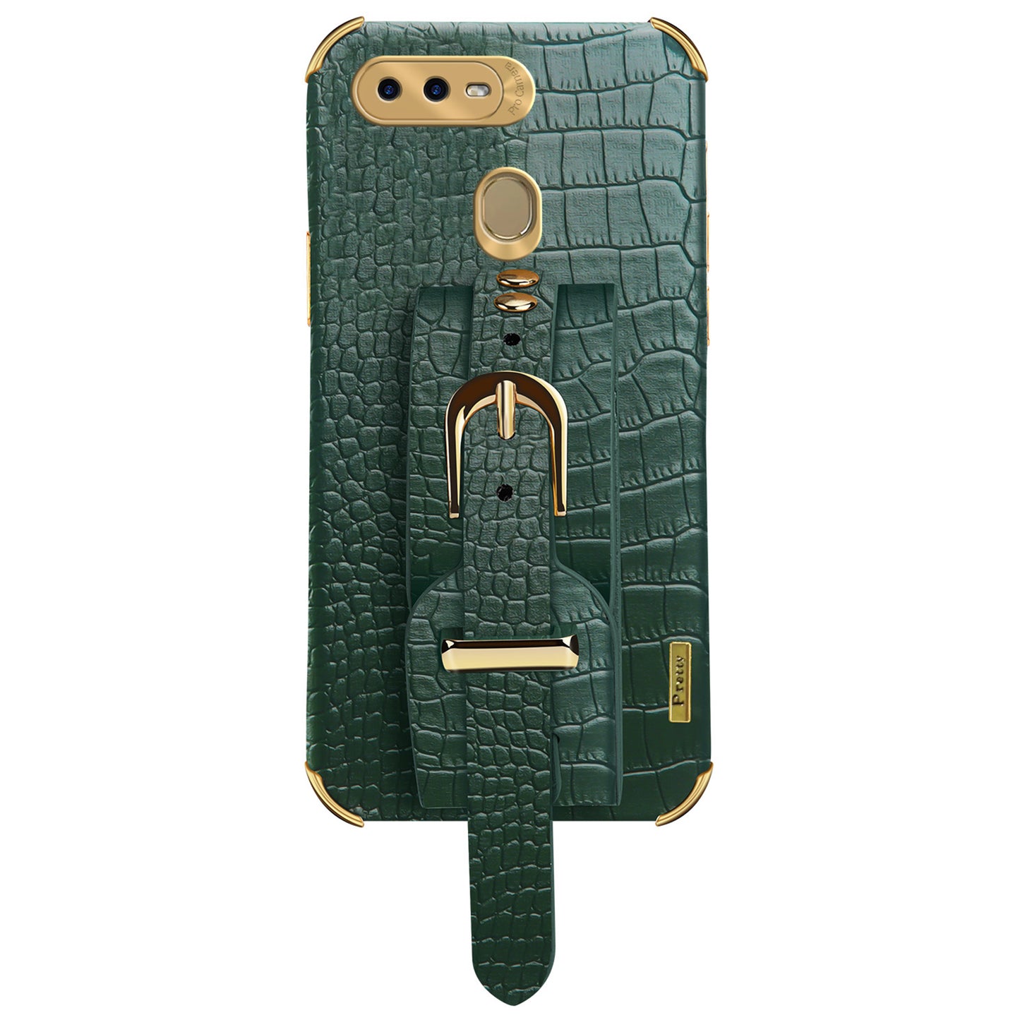 Wristband Kickstand Phone Case for Oppo A7 , Crocodile Texture Electroplating Leather Coated TPU Cover