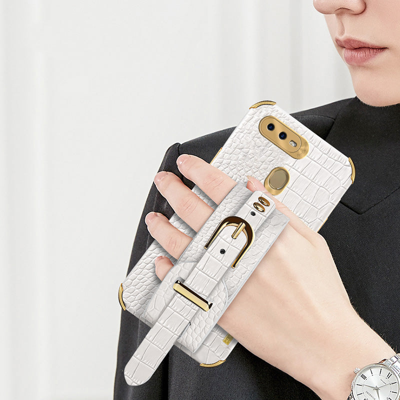 Wristband Kickstand Phone Case for Oppo A7 , Crocodile Texture Electroplating Leather Coated TPU Cover