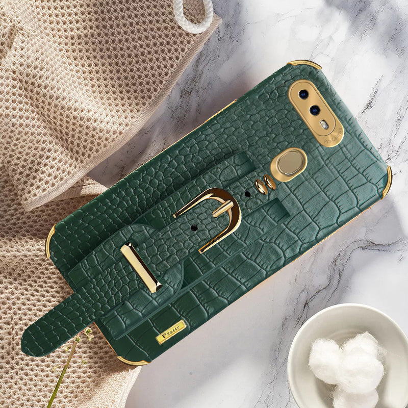 Wristband Kickstand Phone Case for Oppo A7 , Crocodile Texture Electroplating Leather Coated TPU Cover