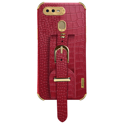 Wristband Kickstand Phone Case for Oppo A7 , Crocodile Texture Electroplating Leather Coated TPU Cover