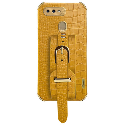 Wristband Kickstand Phone Case for Oppo A7 , Crocodile Texture Electroplating Leather Coated TPU Cover