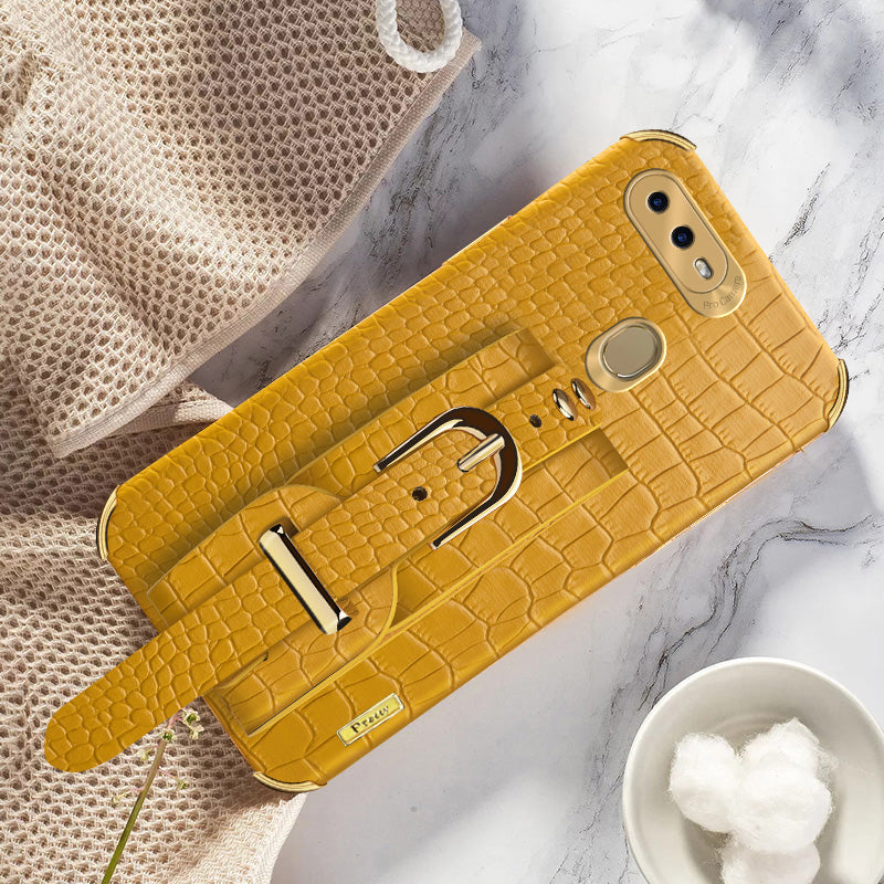 Wristband Kickstand Phone Case for Oppo A7 , Crocodile Texture Electroplating Leather Coated TPU Cover