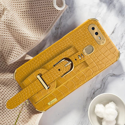 Wristband Kickstand Phone Case for Oppo A7 , Crocodile Texture Electroplating Leather Coated TPU Cover