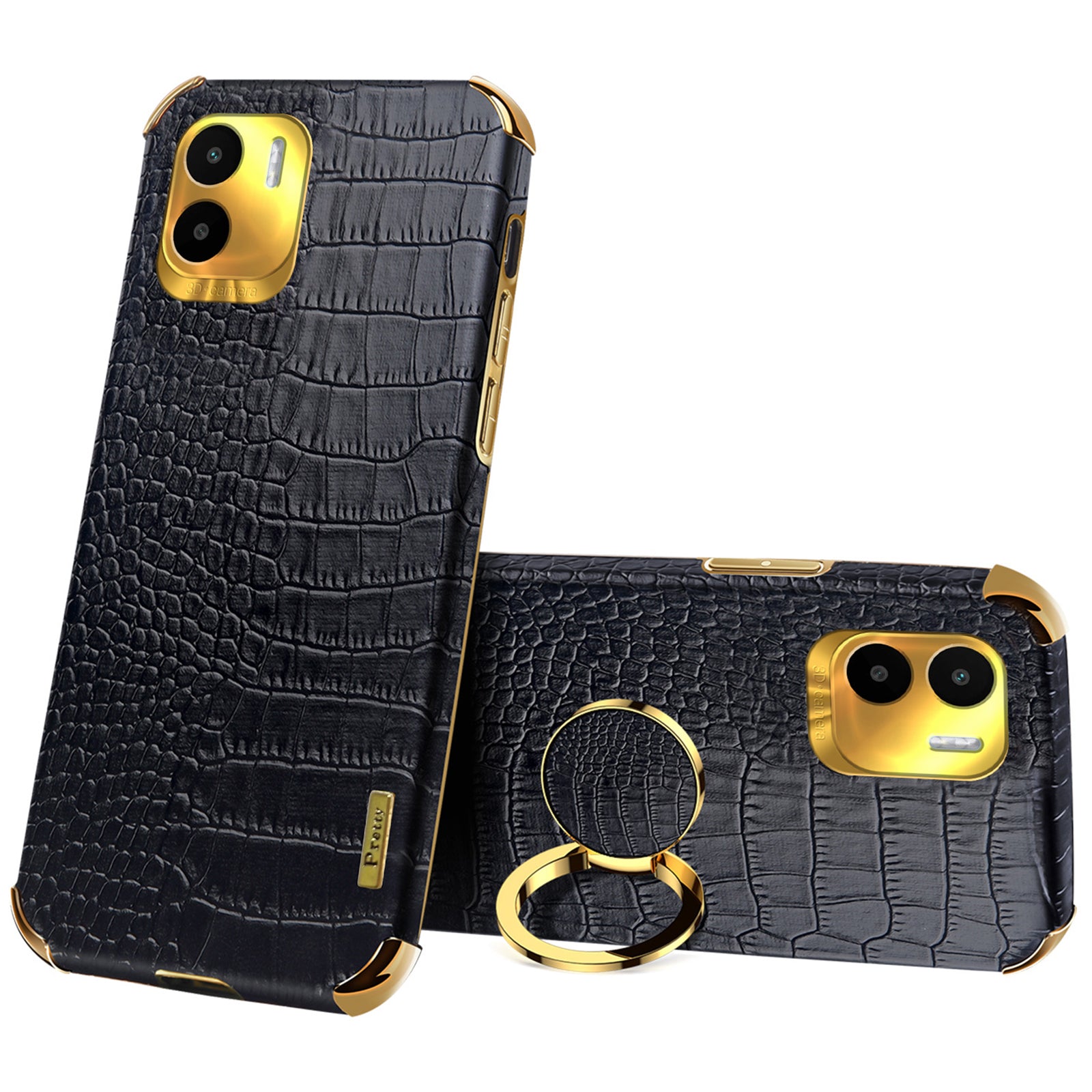 For Xiaomi Redmi A1 4G / A2 4G Crocodile Texture Leather Coated TPU Phone Case 6D Electroplated Cover with Ring Kickstand