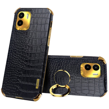 For Xiaomi Redmi A1 4G / A2 4G Crocodile Texture Leather Coated TPU Phone Case 6D Electroplated Cover with Ring Kickstand