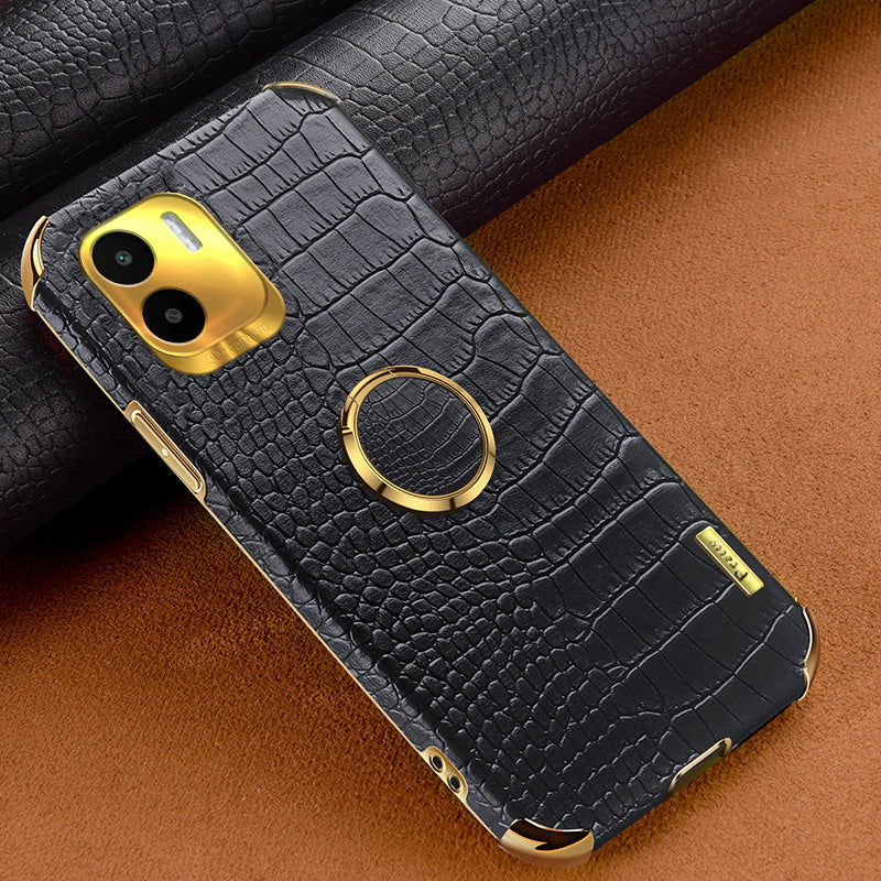 For Xiaomi Redmi A1 4G / A2 4G Crocodile Texture Leather Coated TPU Phone Case 6D Electroplated Cover with Ring Kickstand