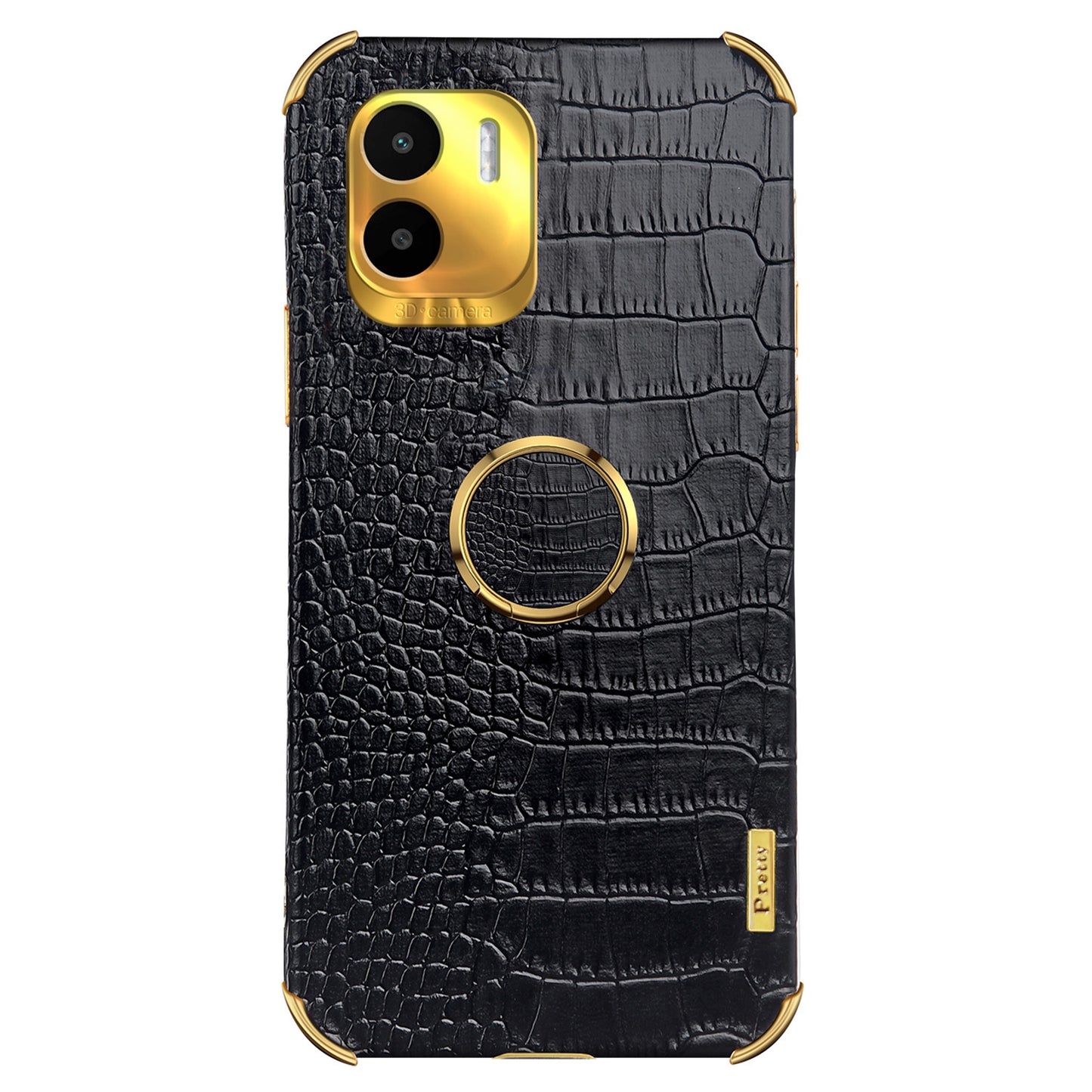 For Xiaomi Redmi A1 4G / A2 4G Crocodile Texture Leather Coated TPU Phone Case 6D Electroplated Cover with Ring Kickstand