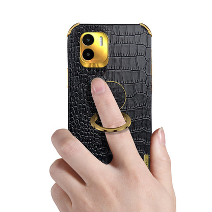 For Xiaomi Redmi A1 4G / A2 4G Crocodile Texture Leather Coated TPU Phone Case 6D Electroplated Cover with Ring Kickstand