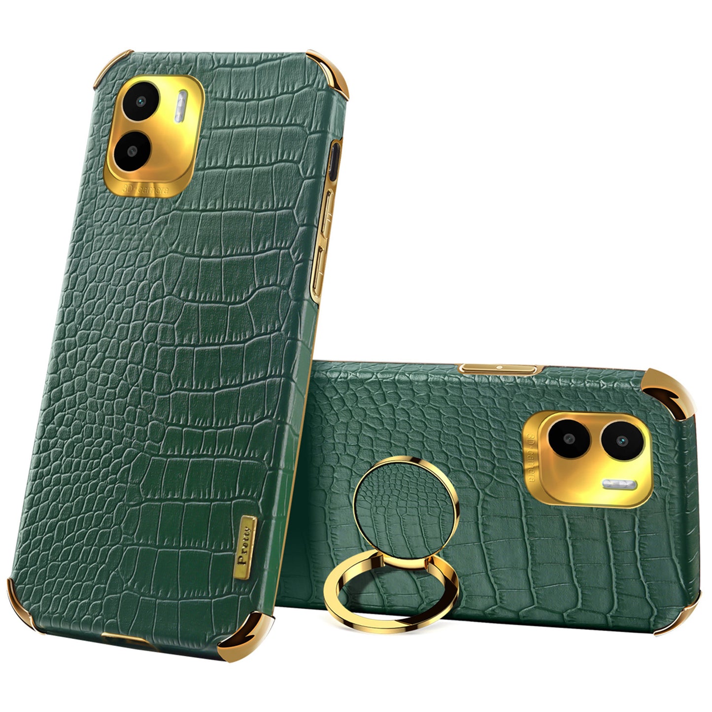 For Xiaomi Redmi A1 4G / A2 4G Crocodile Texture Leather Coated TPU Phone Case 6D Electroplated Cover with Ring Kickstand