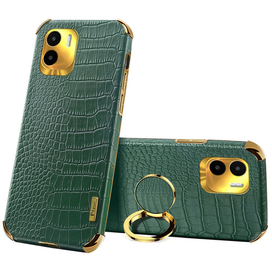 For Xiaomi Redmi A1 4G / A2 4G Crocodile Texture Leather Coated TPU Phone Case 6D Electroplated Cover with Ring Kickstand