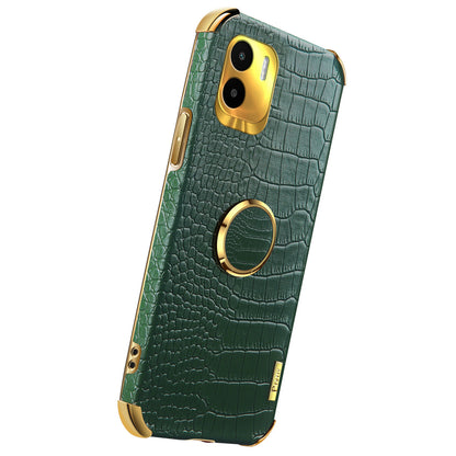 For Xiaomi Redmi A1 4G / A2 4G Crocodile Texture Leather Coated TPU Phone Case 6D Electroplated Cover with Ring Kickstand