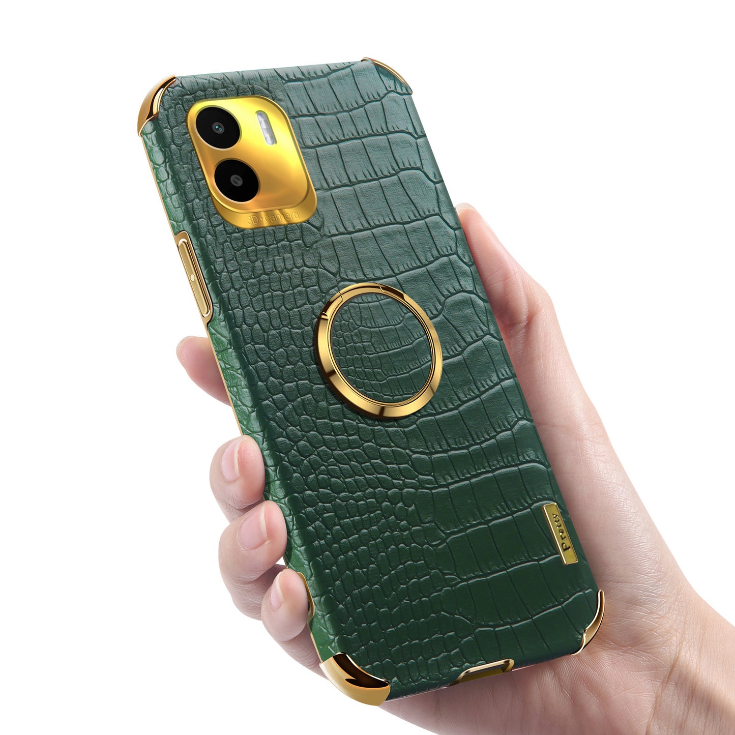For Xiaomi Redmi A1 4G / A2 4G Crocodile Texture Leather Coated TPU Phone Case 6D Electroplated Cover with Ring Kickstand